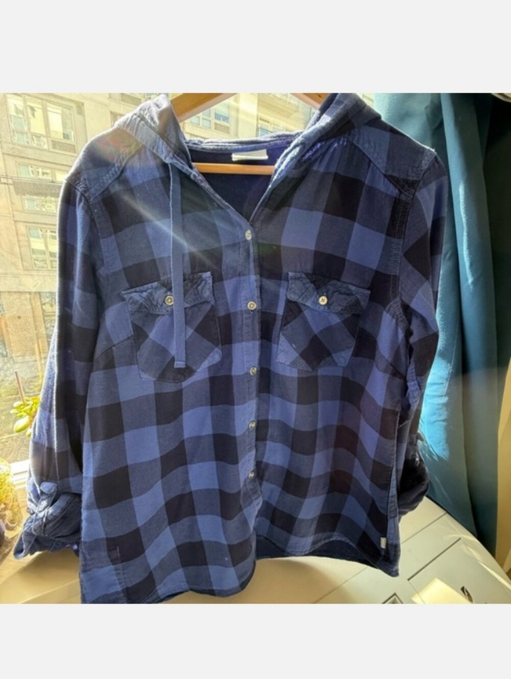 Columbia Blue/Indigo Plaid Flannel Hoodie Shirt